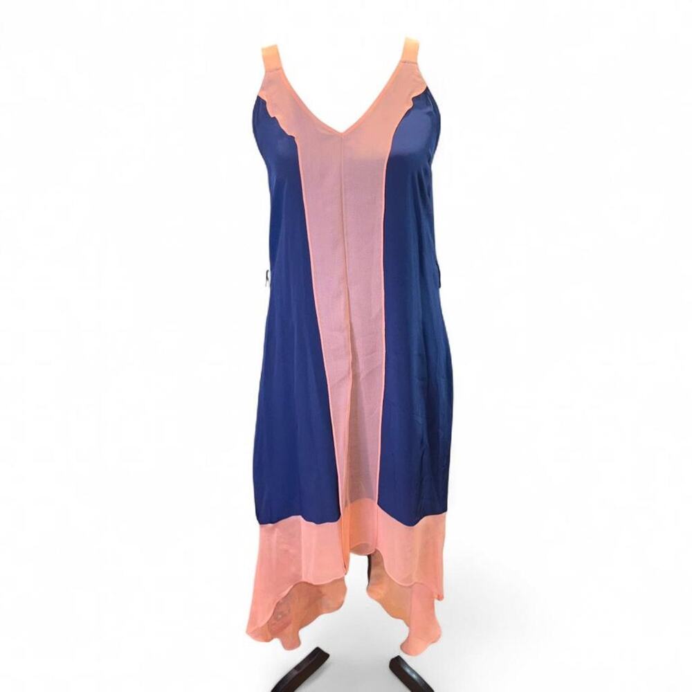Akiko Blue & Pink Silk Asymmetrical Draped Dress Flowing Boho Festival Slip S